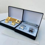 Rolex Cufflinks with Box and Chain Gold & SIlver Color